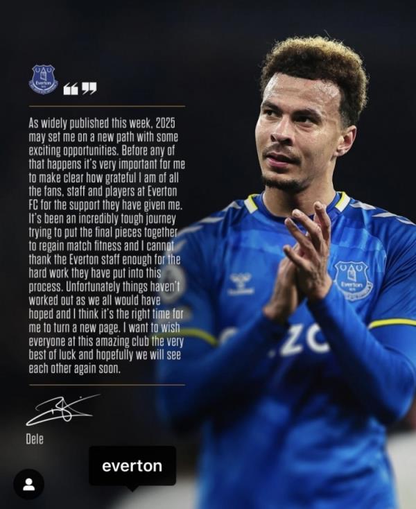 阿里告別埃弗頓：是時(shí)候開始新篇章了，感謝所有人對(duì)我的支持